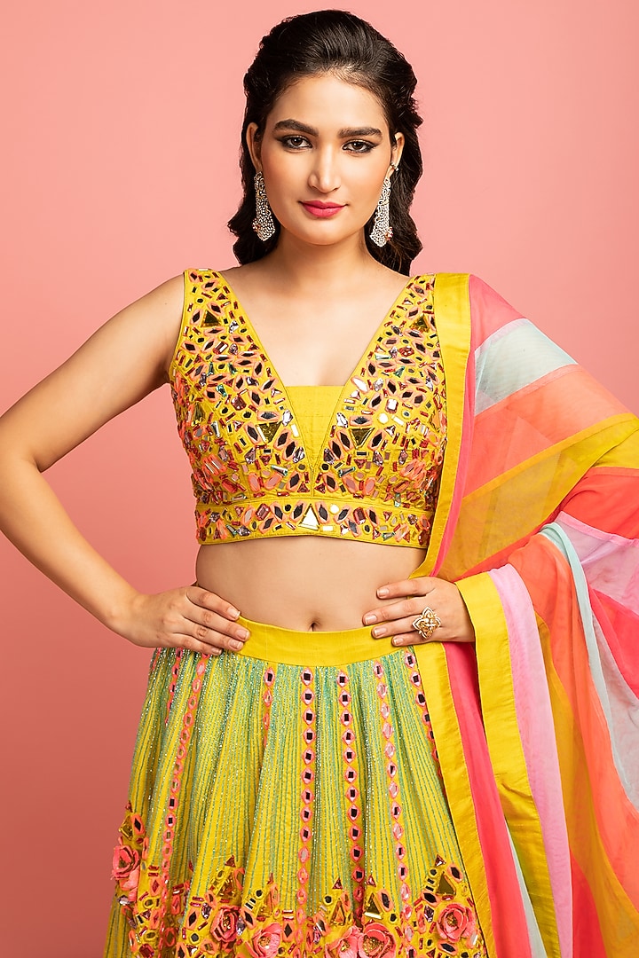 Lime Green Silk Embroidered Bridal Lehenga Set by Nitara Dhanraj Label at Pernia's Pop Up Shop