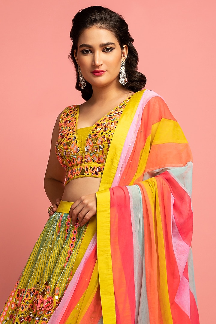 Lime Green Silk Embroidered Bridal Lehenga Set by Nitara Dhanraj Label at Pernia's Pop Up Shop