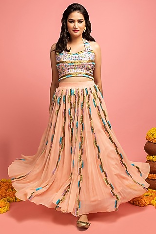 Light Peach-Pink Embroidered Lehenga Set by Nitara Dhanraj Label