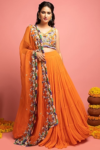 Orange Georgette Lehenga Set by Nitara Dhanraj Label