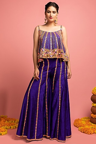 Bright Purple Raw Silk Palazzo Pant Set by Nitara Dhanraj Label