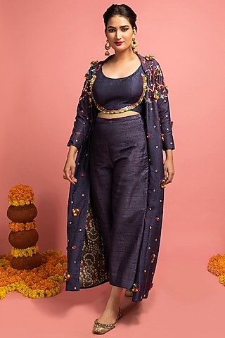 Dark Bluish-Grey Embroidered Jacket Set by Nitara Dhanraj Label