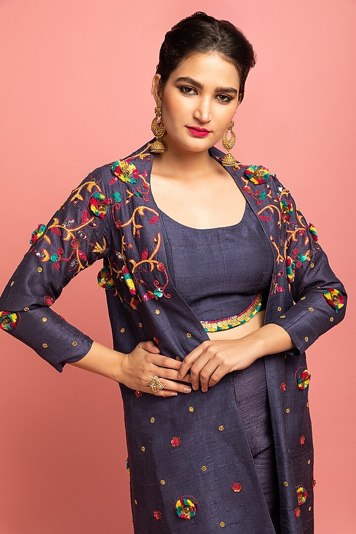 Dark Bluish-Grey Embroidered Jacket Set by Nitara Dhanraj Label at Pernia's Pop Up Shop