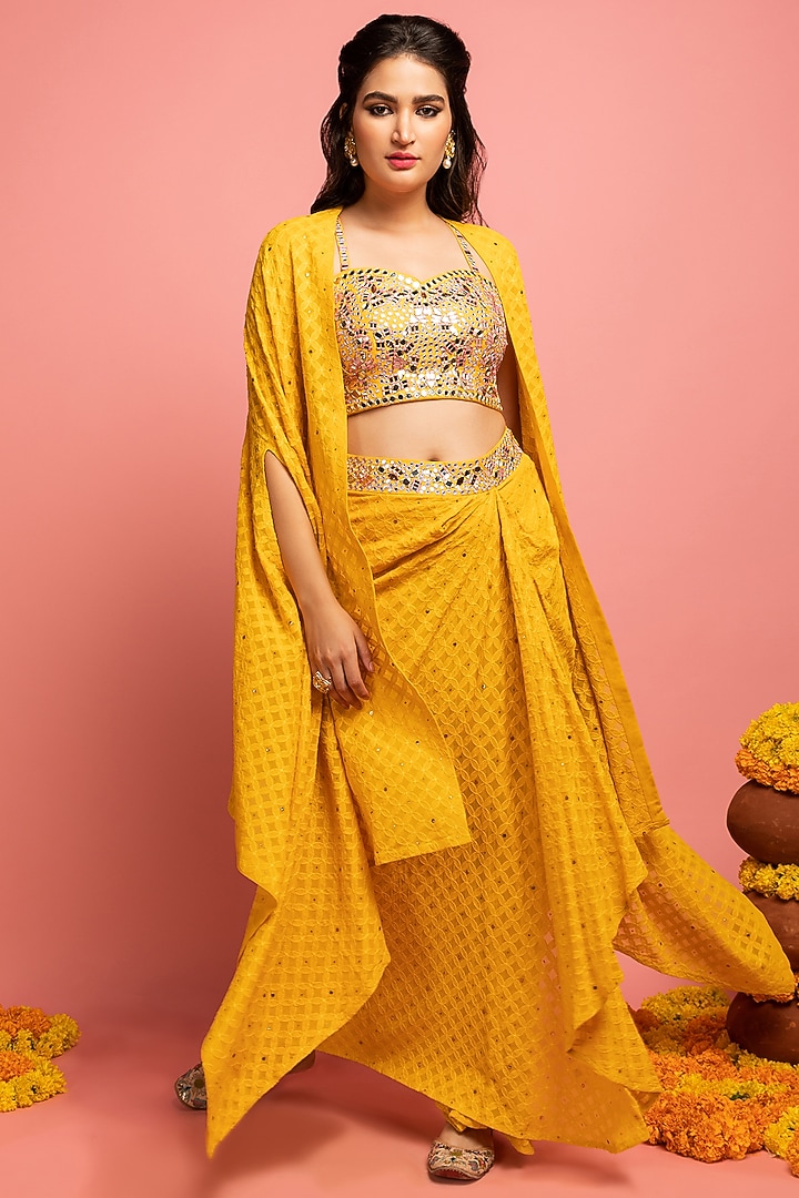 Mustard Yellow Draped Skirt Set With Cape by Nitara Dhanraj Label at Pernia's Pop Up Shop