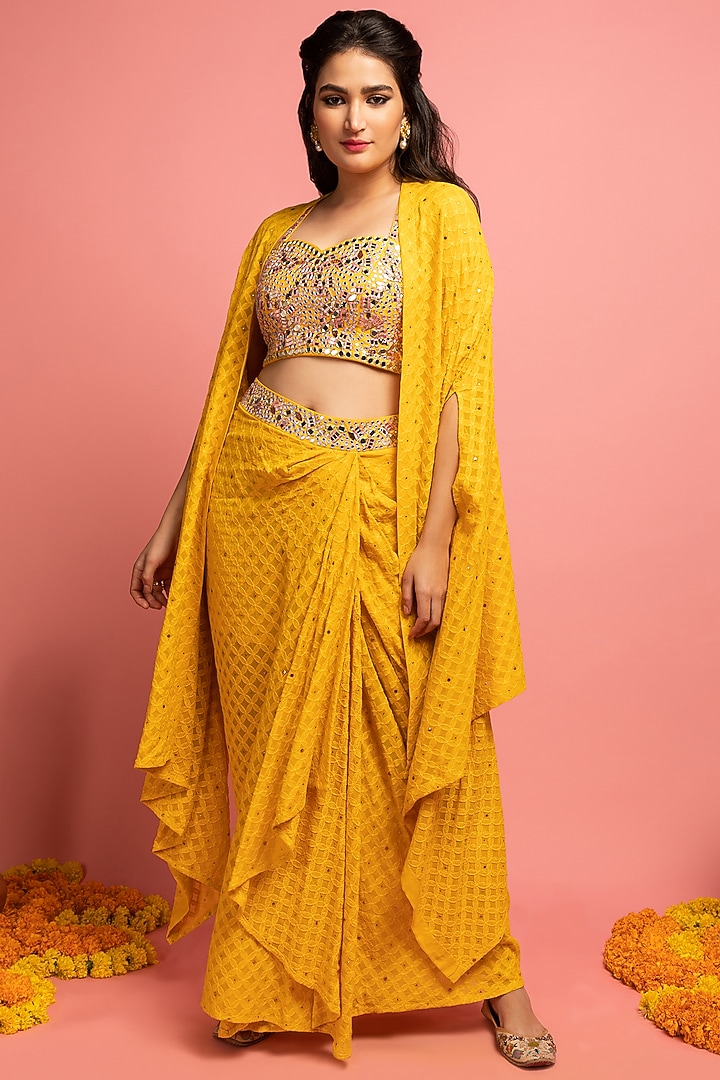 Mustard Yellow Draped Skirt Set With Cape by Nitara Dhanraj Label at Pernia's Pop Up Shop