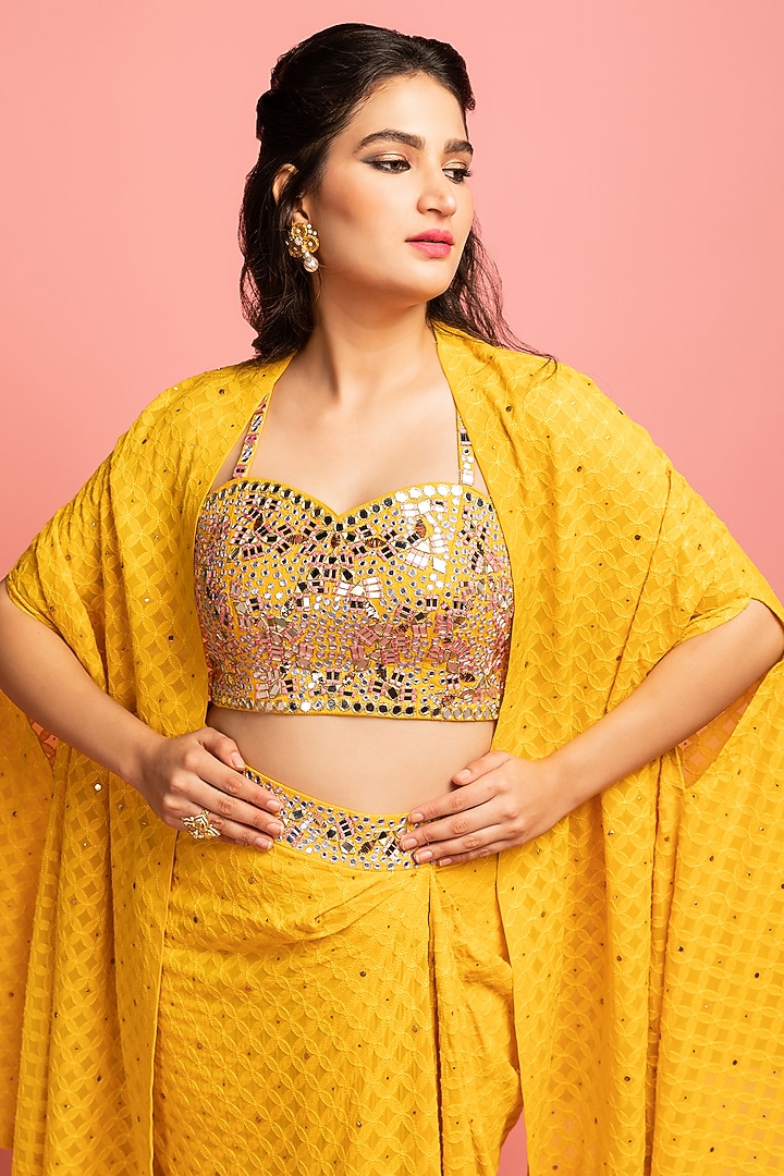 Mustard Yellow Draped Skirt Set With Cape by Nitara Dhanraj Label at Pernia's Pop Up Shop