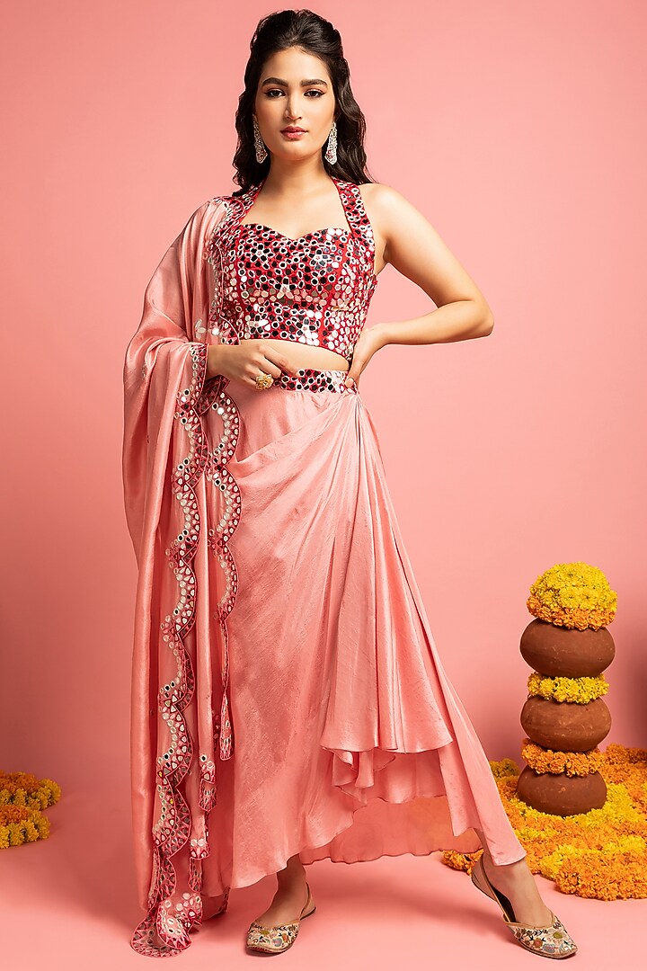 Baby Pink & Blood-Red Draped Skirt Set by Nitara Dhanraj Label at Pernia's Pop Up Shop