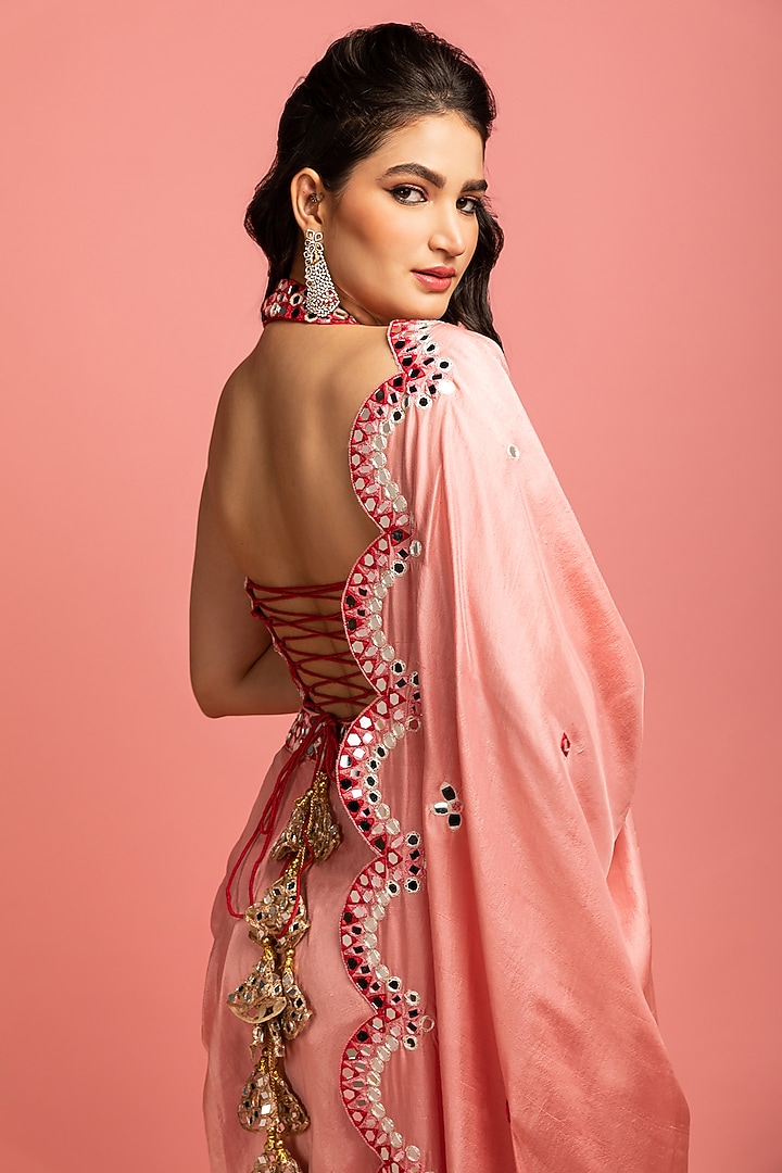 Baby Pink & Blood-Red Draped Skirt Set by Nitara Dhanraj Label at Pernia's Pop Up Shop