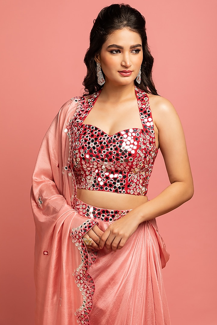 Baby Pink & Blood-Red Draped Skirt Set by Nitara Dhanraj Label at Pernia's Pop Up Shop