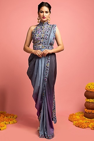 Steel Grey & Lavender Embroidered Draped Saree Set by Nitara Dhanraj Label