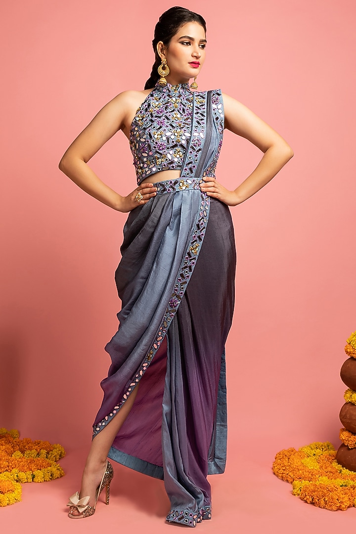 Steel Grey & Lavender Embroidered Draped Wedding Saree Set by Nitara Dhanraj Label at Pernia's Pop Up Shop