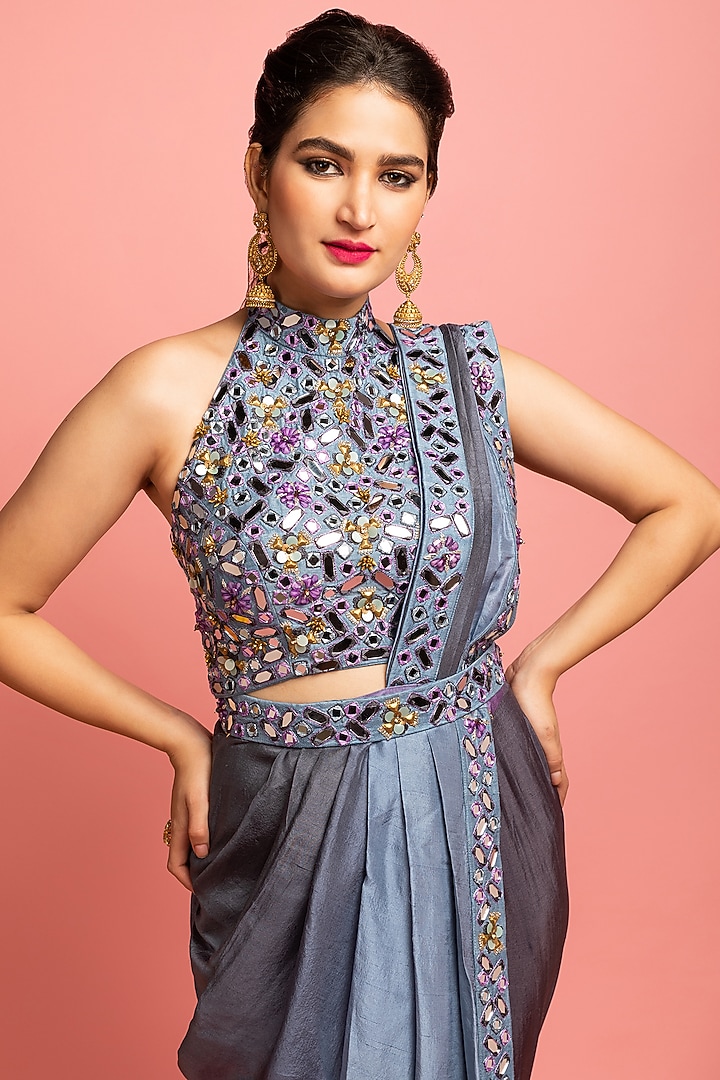 Steel Grey & Lavender Embroidered Draped Wedding Saree Set by Nitara Dhanraj Label at Pernia's Pop Up Shop