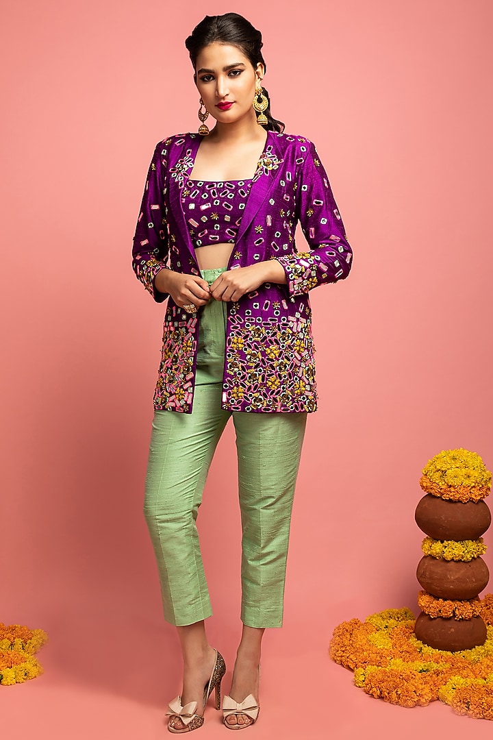 Bright Purple Embroidered Jacket Set by Nitara Dhanraj Label