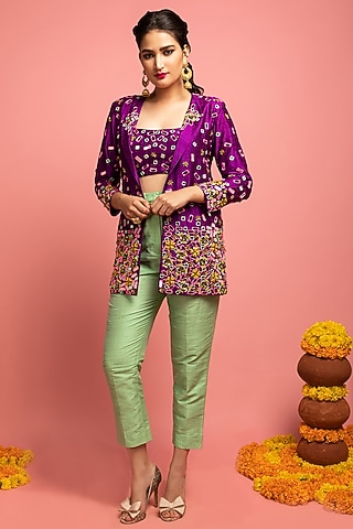 Bright Purple Embroidered Jacket Set by Nitara Dhanraj Label
