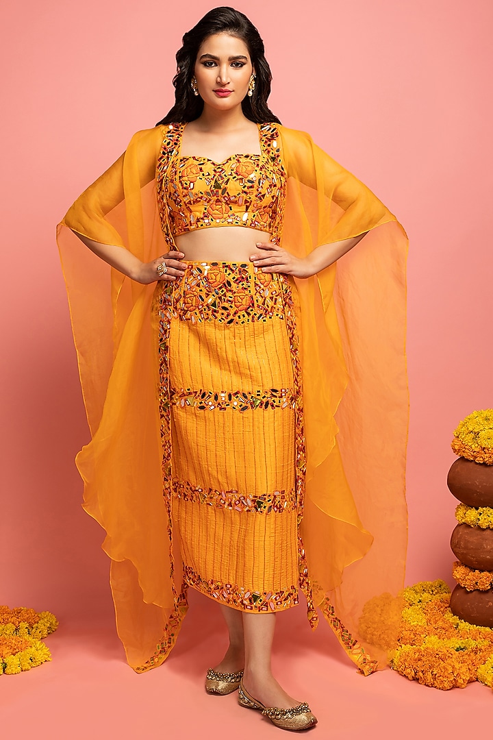 Warm Orange Skirt Set With Cape by Nitara Dhanraj Label at Pernia's Pop Up Shop