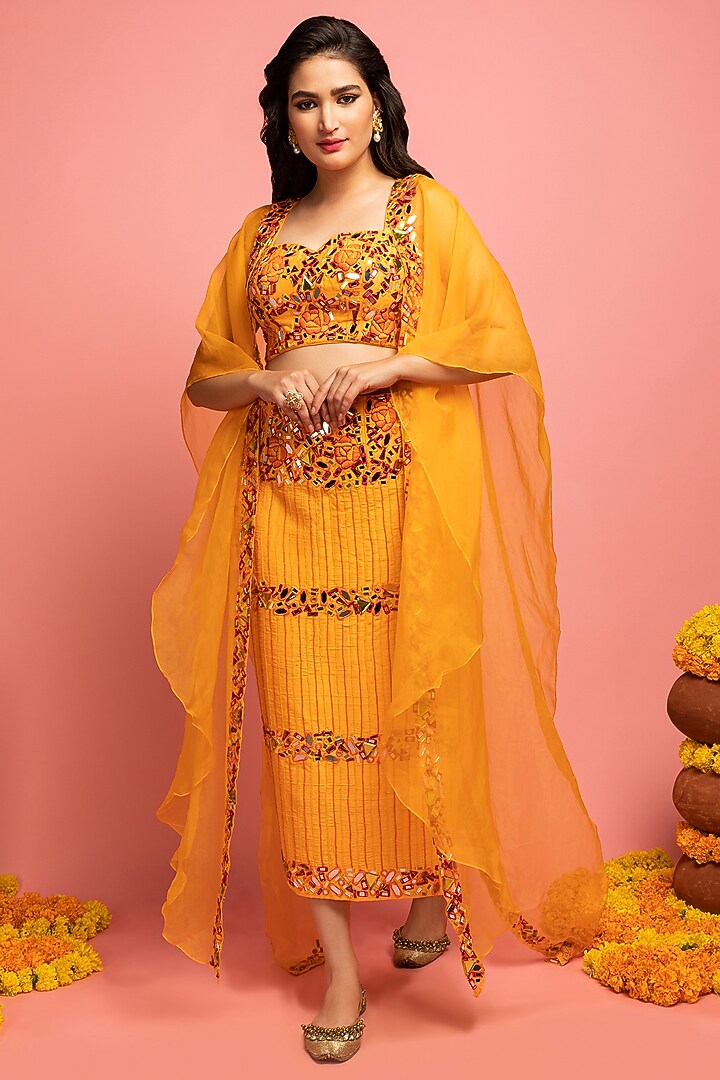 Warm Orange Skirt Set With Cape by Nitara Dhanraj Label at Pernia's Pop Up Shop