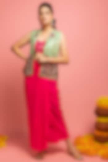 Hot Pink Draped Skirt Set With Jacket by Nitara Dhanraj Label