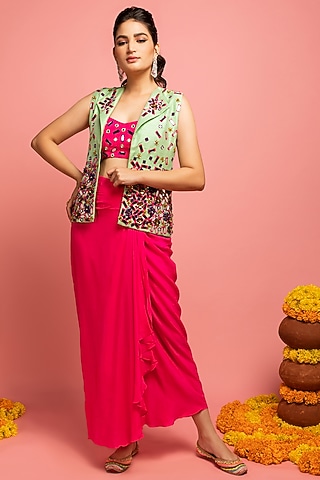 Hot Pink Draped Skirt Set With Jacket by Nitara Dhanraj Label