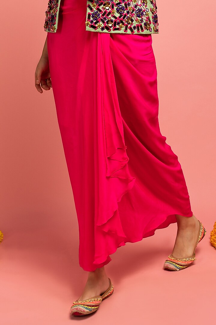 Hot Pink Draped Skirt Set With Jacket by Nitara Dhanraj Label at Pernia's Pop Up Shop