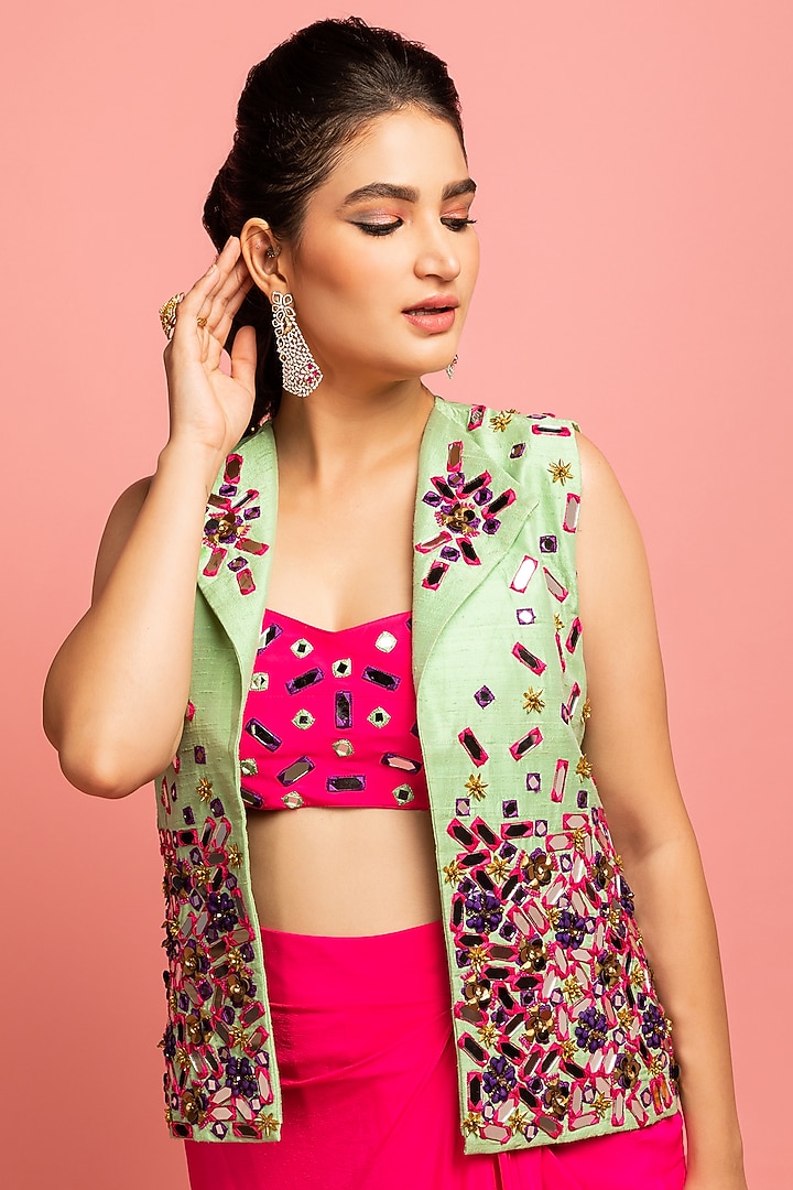 Hot Pink Draped Skirt Set With Jacket by Nitara Dhanraj Label at Pernia's Pop Up Shop