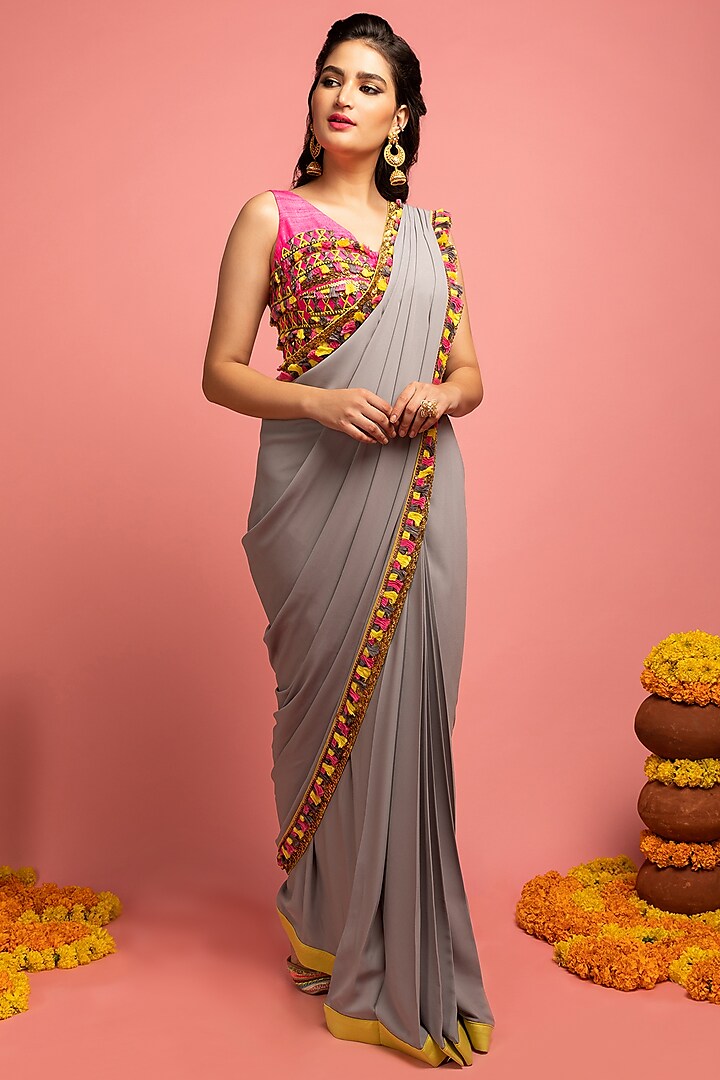 Steel Grey Embroidered Pre-Stitched Draped Saree Set by Nitara Dhanraj Label