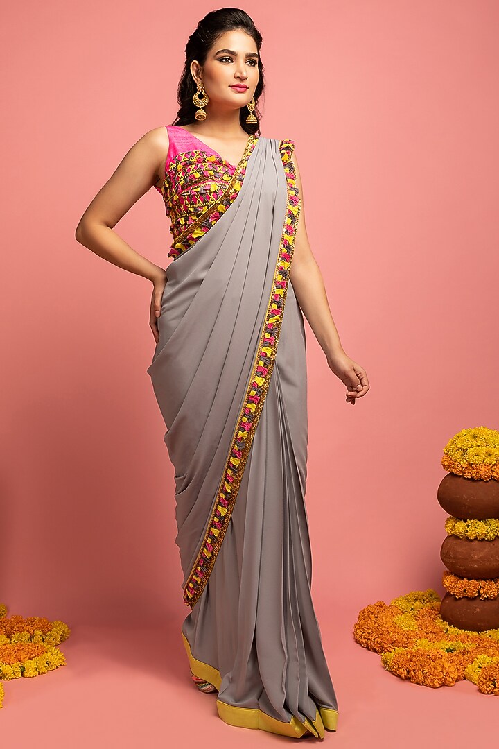 Steel Grey Embroidered Pre-Stitched Draped Wedding Saree Set by Nitara Dhanraj Label at Pernia's Pop Up Shop