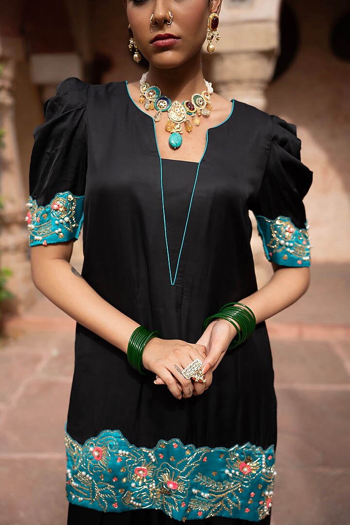 Black Imported Satin Hand Embroidered Kurta Set by NIKUNJ BY NIIDHI BAJAJ at Pernia's Pop Up Shop