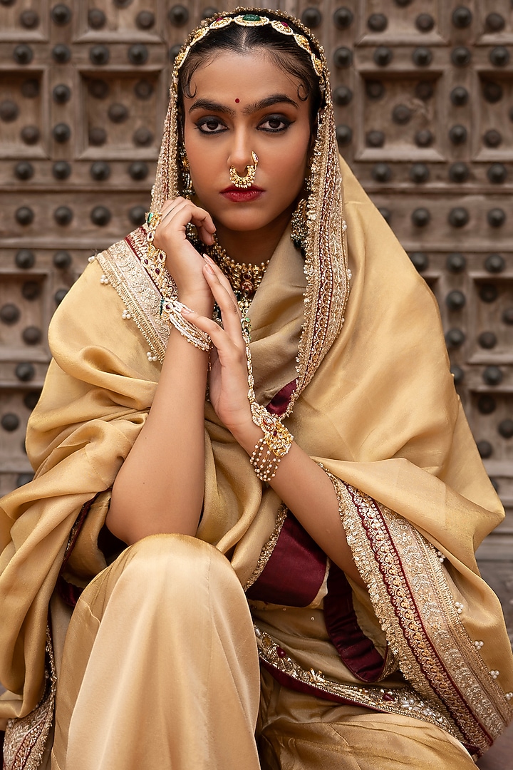 Light Golden Tissue Wedding Sharara Set by NIKUNJ BY NIIDHI BAJAJ at Pernia's Pop Up Shop