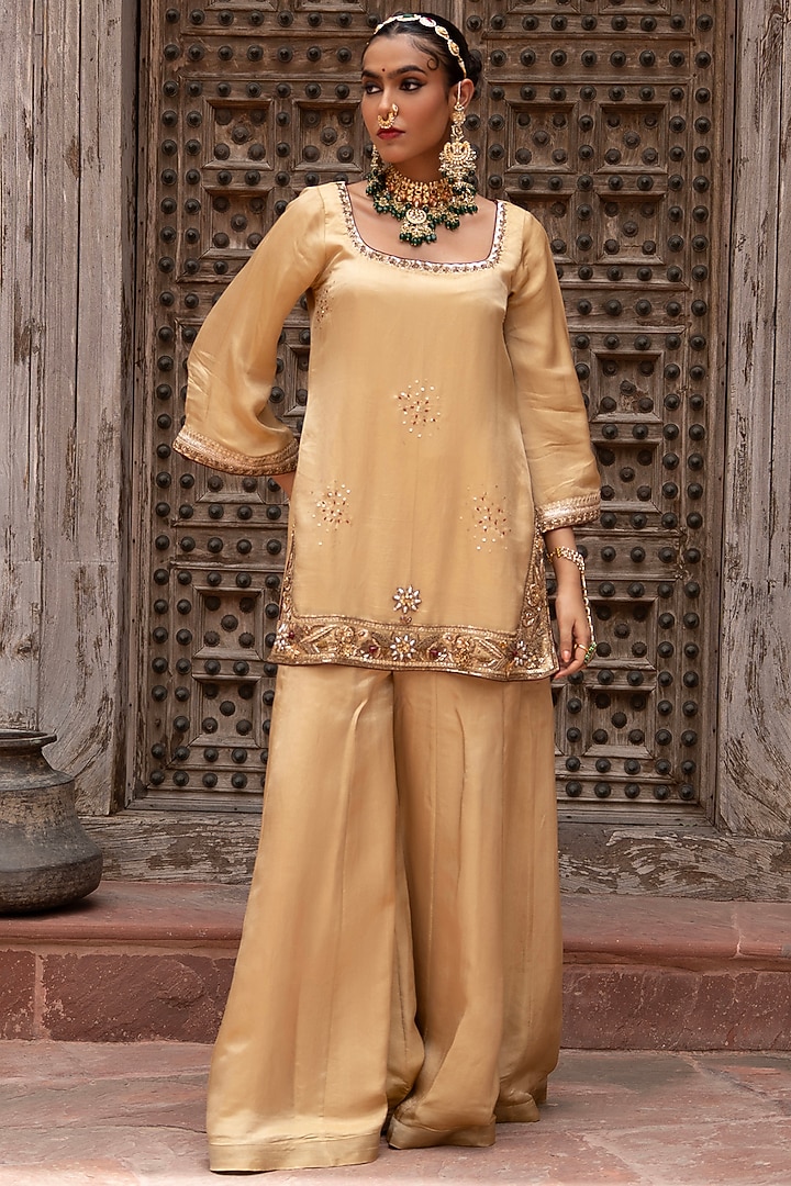 Light Golden Tissue Wedding Sharara Set by NIKUNJ BY NIIDHI BAJAJ at Pernia's Pop Up Shop