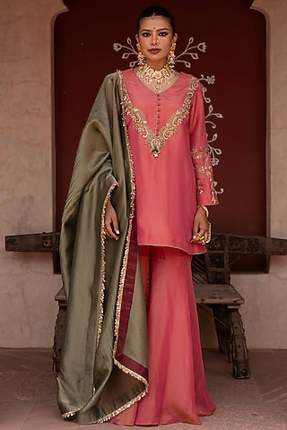 Hot Pink Tissue Gharara Set by NIKUNJ BY NIIDHI BAJAJ