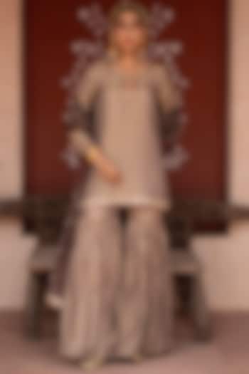 Antique Olive Crushed Tissue Gharara Set by NIKUNJ BY NIIDHI BAJAJ at Pernia's Pop Up Shop
