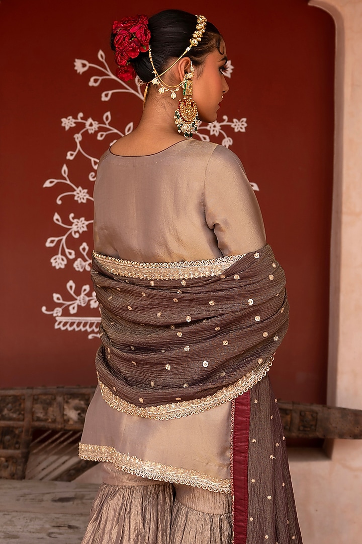 Antique Olive Crushed Tissue Gharara Set by NIKUNJ BY NIIDHI BAJAJ at Pernia's Pop Up Shop