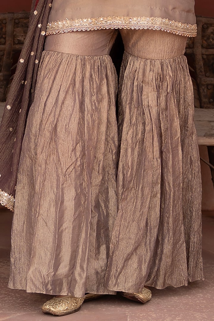 Antique Olive Crushed Tissue Gharara Set by NIKUNJ BY NIIDHI BAJAJ at Pernia's Pop Up Shop