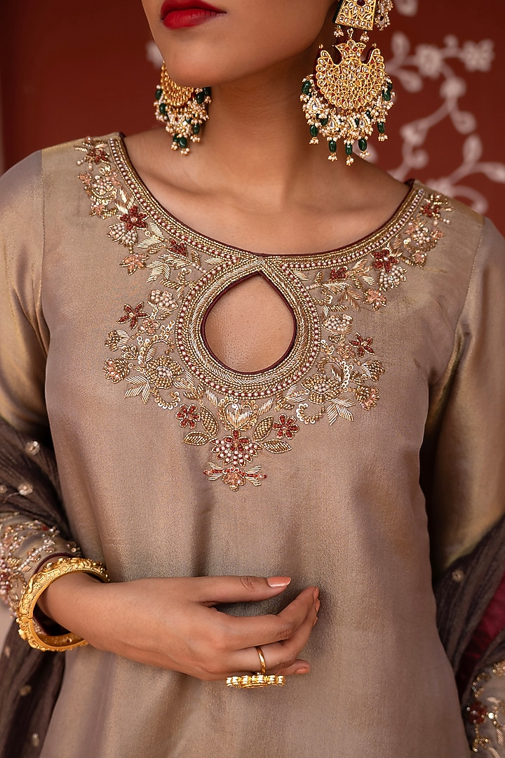 Antique Olive Crushed Tissue Gharara Set by NIKUNJ BY NIIDHI BAJAJ at Pernia's Pop Up Shop