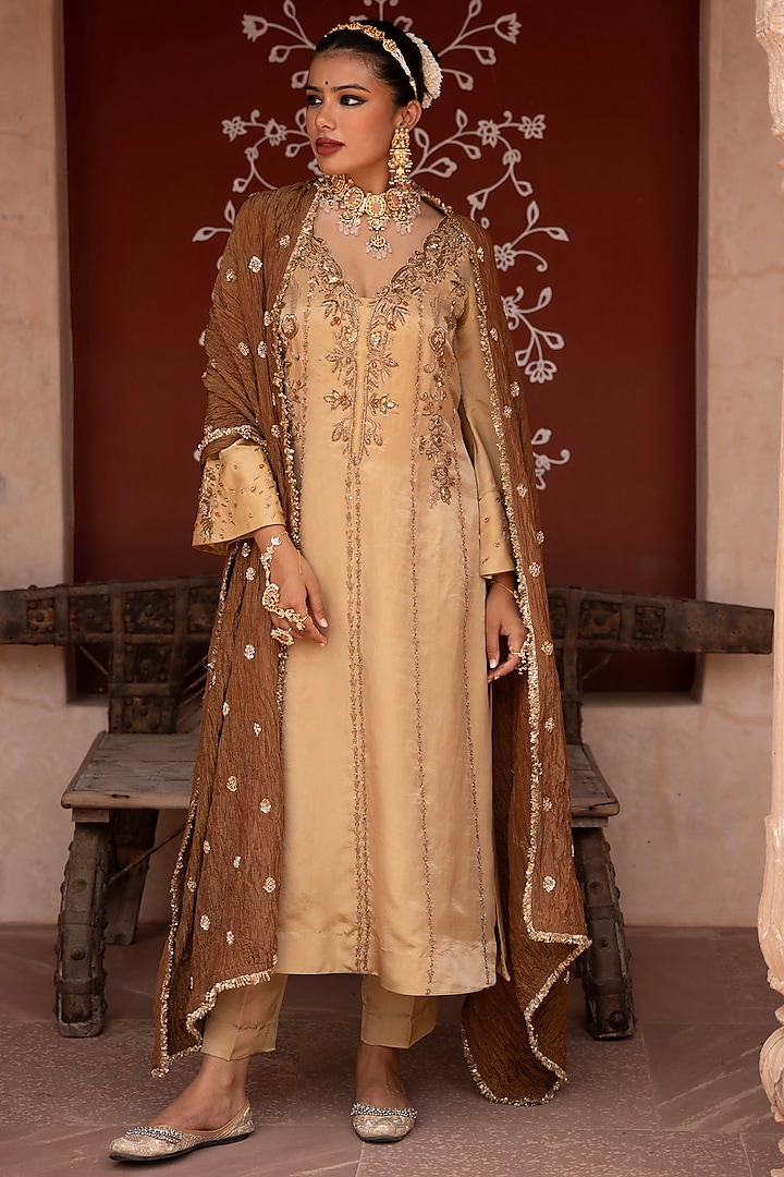 Light Golden Tissue Zardosi Hand Embroidered Kurta Set by NIKUNJ BY NIIDHI BAJAJ at Pernia's Pop Up Shop