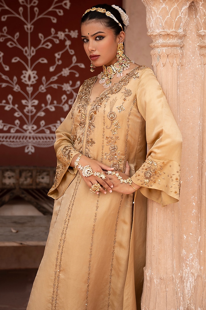 Light Golden Tissue Zardosi Hand Embroidered Kurta Set by NIKUNJ BY NIIDHI BAJAJ at Pernia's Pop Up Shop