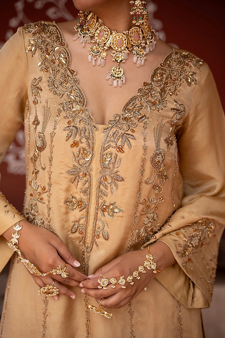 Light Golden Tissue Zardosi Hand Embroidered Kurta Set by NIKUNJ BY NIIDHI BAJAJ at Pernia's Pop Up Shop
