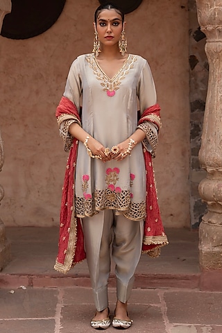 Grey Tissue Zardosi Hand Embroidered Anarkali Set by NIKUNJ BY NIIDHI BAJAJ