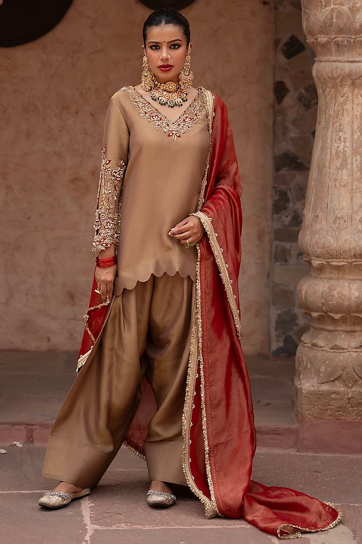 Antique Bronze Tissue Zardosi Hand Embroidered Kurta Set by NIKUNJ BY NIIDHI BAJAJ at Pernia's Pop Up Shop