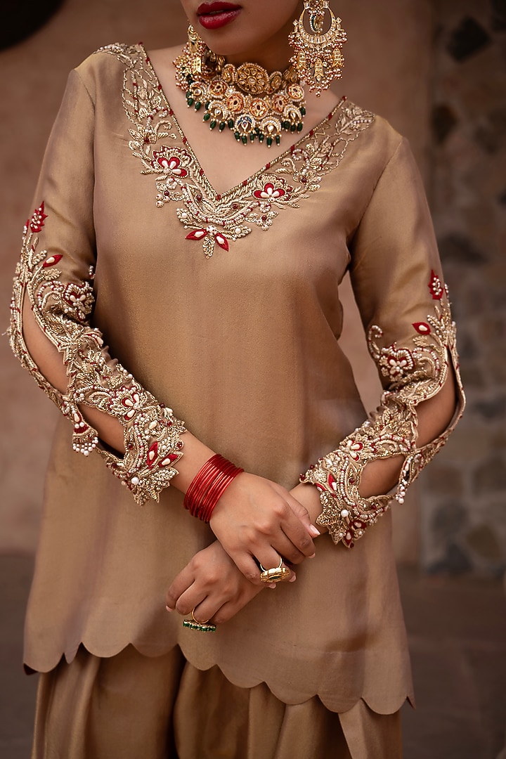 Antique Bronze Tissue Zardosi Hand Embroidered Kurta Set by NIKUNJ BY NIIDHI BAJAJ at Pernia's Pop Up Shop