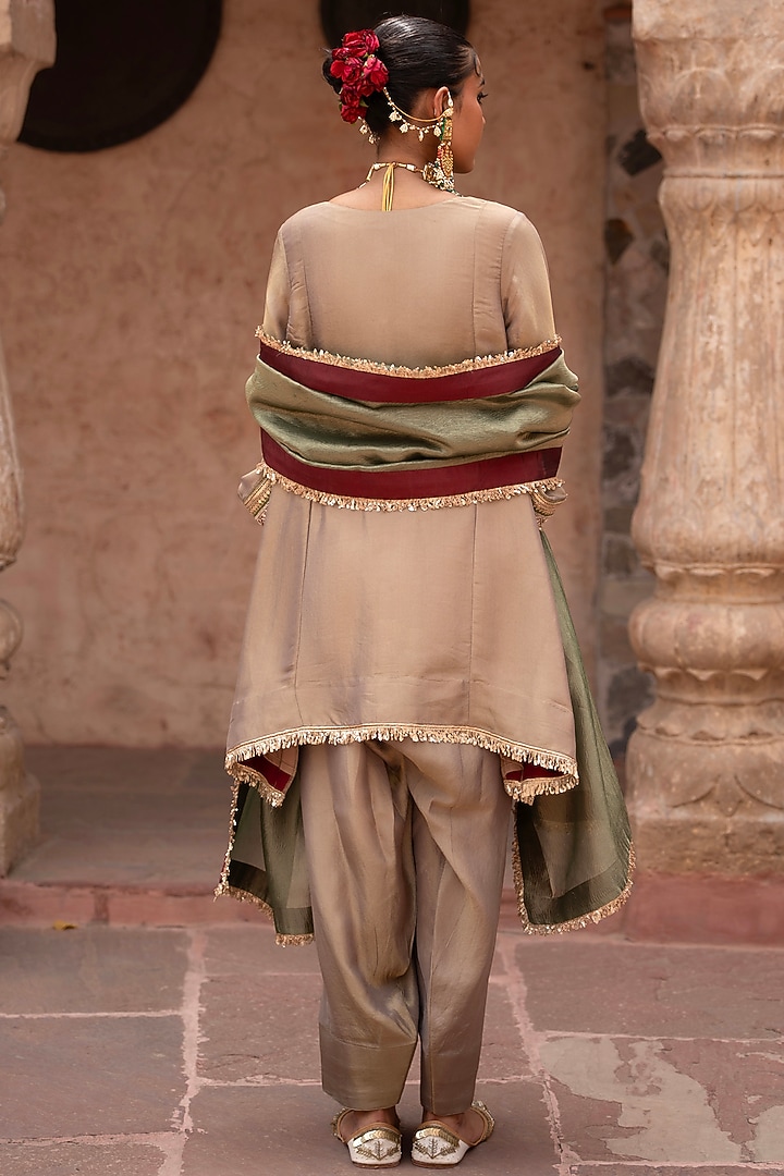 Olive Gold Tissue Resham Embroidered Kurta Set by NIKUNJ BY NIIDHI BAJAJ at Pernia's Pop Up Shop