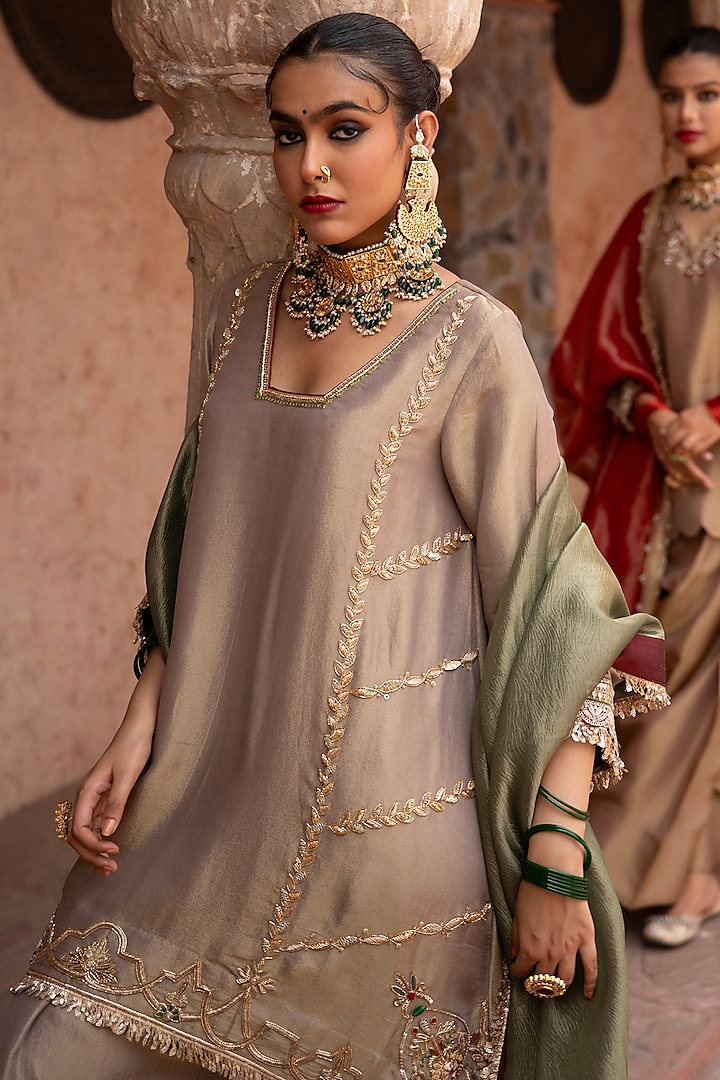 Olive Gold Tissue Resham Embroidered Kurta Set by NIKUNJ BY NIIDHI BAJAJ at Pernia's Pop Up Shop