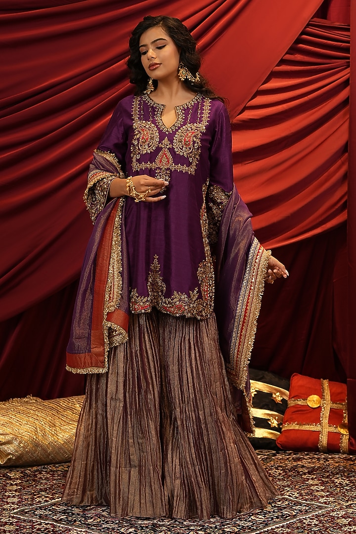 Deep Purple Tissue Hand Embroidered Wedding Sharara Set by NIKUNJ BY NIIDHI BAJAJ at Pernia's Pop Up Shop