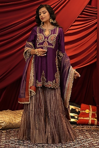 Deep Purple Tissue Hand Embroidered Sharara Set by NIKUNJ BY NIIDHI BAJAJ