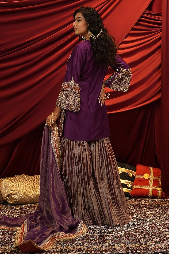 Deep Purple Tissue Hand Embroidered Wedding Sharara Set by NIKUNJ BY NIIDHI BAJAJ at Pernia's Pop Up Shop