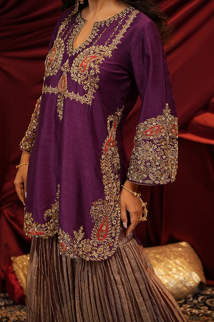 Deep Purple Tissue Hand Embroidered Wedding Sharara Set by NIKUNJ BY NIIDHI BAJAJ at Pernia's Pop Up Shop