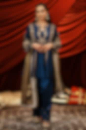 Deep Teal Blue Silk Zardosi & Dabka Embroidered Kurta Set by NIKUNJ BY NIIDHI BAJAJ at Pernia's Pop Up Shop