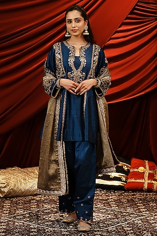 Deep Teal Blue Silk Zardosi & Dabka Embroidered Kurta Set by NIKUNJ BY NIIDHI BAJAJ