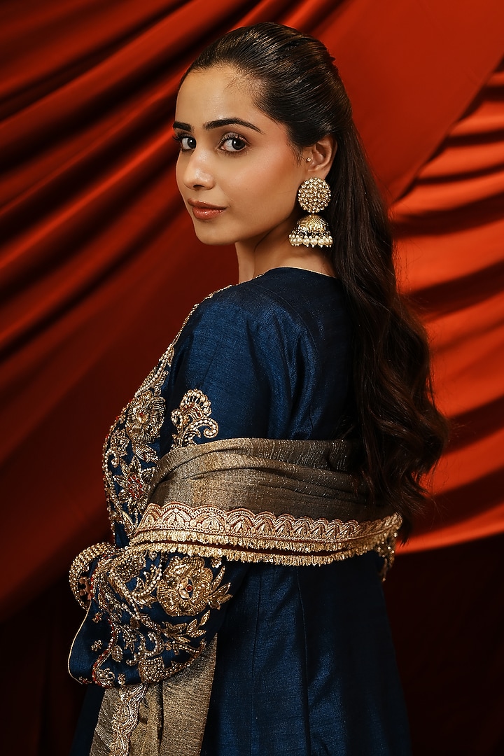 Deep Teal Blue Silk Zardosi & Dabka Embroidered Kurta Set by NIKUNJ BY NIIDHI BAJAJ at Pernia's Pop Up Shop