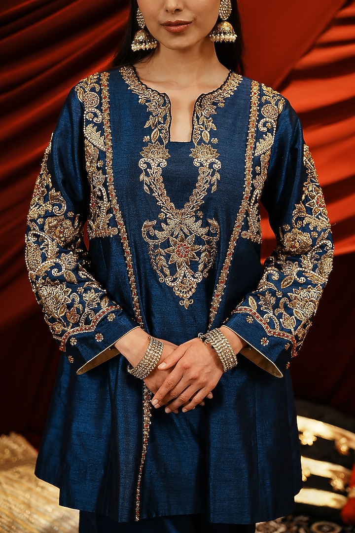 Deep Teal Blue Silk Zardosi & Dabka Embroidered Kurta Set by NIKUNJ BY NIIDHI BAJAJ at Pernia's Pop Up Shop